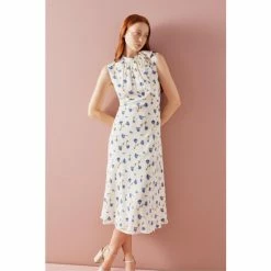 LK Bennett Cream Vali Cornflower Print Tie Neck Silk Dress