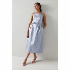 LK Bennett X Royal Ascot Rosalind Blue Satin Floral Jacquard Dress