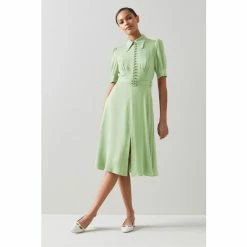 LK Bennett X Royal Ascot Amor Satin Crepe Crystal Belt Dress Green