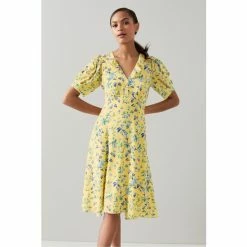 LK Bennett X Royal Ascot Pami Yellow Apple Blossom Print Silk Summer Dress