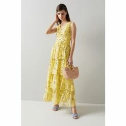 LK Bennett X Royal Ascot Bower Yellow Silk Apple Blossom Print Maxi Summer Dress