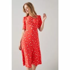 LK Bennett Montana Red Naive Flower Print Silk Tea Dress