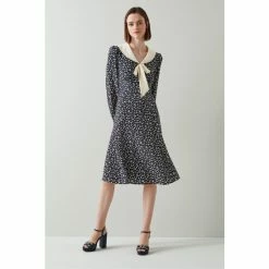 LK Bennett Brix Blue Fruity Floral Scallop Collar Silk Dress