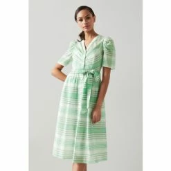 LK Bennett Green Hendrick Green And White Cotton-Silk Striped Shirt Dress