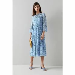 LK Bennett X Royal Ascot Blue Coddington Silk Apple Blossom Print Dress
