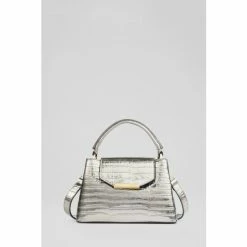 LK Bennett LKBennett Metallic Mini Harbour Gunmetal Croc-Effect Leather Trapeze Tote Bag