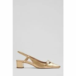 LK Bennett Metallic Gold Leather Block Heel Slingbacks Shoes
