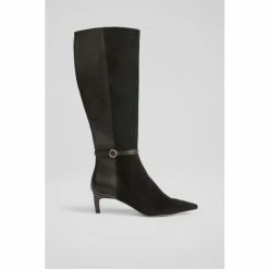 LK Bennett Darla Black Suede And Leather Pearl Buckle Knee High Boots