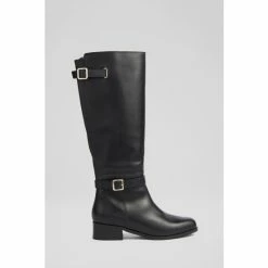 LK Bennett Rea Black Leather Adjustable Buckle Flat Knee High Boots