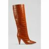 LK Bennett Allegra Ginger Croc-Effect Leather Cone Heel Knee High Brown Boots