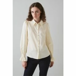LK Bennett Etten Cream Cotton Shirred Cuff Blouse
