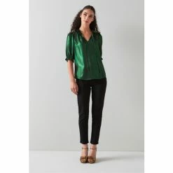 LK Bennett Dark Green Margot Lamé Georgette Frill Collar Blouse -LK Bennett Shop unnamed file 2327