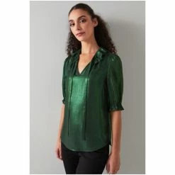 LK Bennett Dark Green Margot Lamé Georgette Frill Collar Blouse -LK Bennett Shop unnamed file 2328