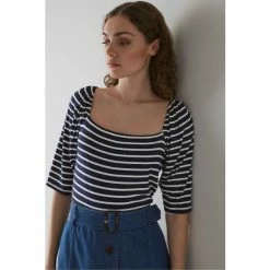 LK Bennett Navy Blue Maddie Stripe Square Neck Top