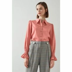 LK Bennett Pink Etten Cotton Sateen Shirred Cuff Blouse