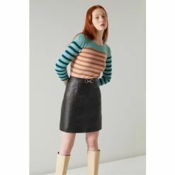 LK Bennett Aubree Black Croc-Embossed Leather A-Line Skirt