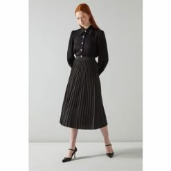 LK Bennett Andrea Black Metallic Yarn Scallop Pleated Midi Skirt