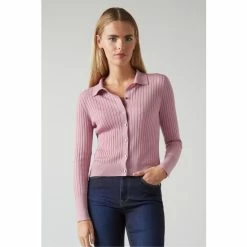 LK Bennett Pink Monmouth Ribbed Sustainably Sourced Merino Wool Cardigan