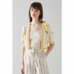 LK Bennett Lucia Yellow Embroidered Knit Cardigan