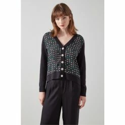 LK Bennett Maisie Black Merino Wool Spot Front Cardigan