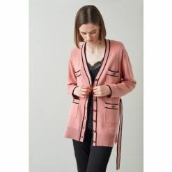 LK Bennett Pink Gaia Wool-Cotton Long Belted Cardigan