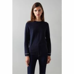 LK Bennett Navy Blue Keeler Merino Cotton Scallop Neck Jumper