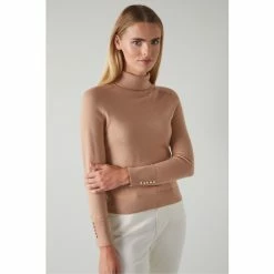 LK Bennett LKBennett Natural Mya Camel Sustainably Sourced Merino Wool Polo Neck Jumper