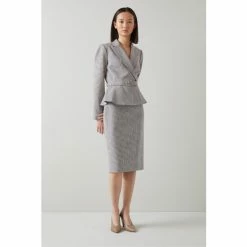 LK Bennett Nina Teal Blue Houndstooth Check ECOVERO™ Blend Peplum Jacket