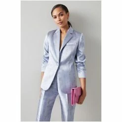 LK Bennett X Royal Ascot Rosalind Blue Satin Floral Jacquard Jacket