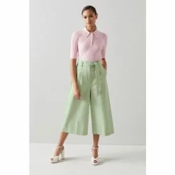 LK Bennett Lena Mint Green Cotton Wide Leg Cropped Trousers