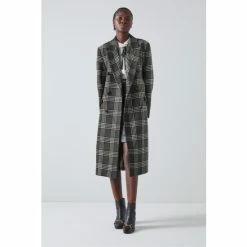 LK Bennett Grey Quentin Check Wool Double Breasted Coat