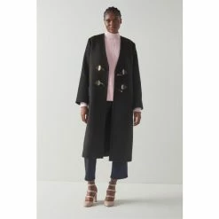 LK Bennett Cassius Black Recycled Wool Collarless Coat