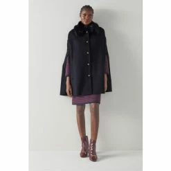 LK Bennett Myrtle Recycled Wool-Blend Faux Fur Black Cape