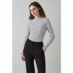 LK Bennett Kathy White Stripe Ribbed Turtle Neck Top