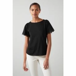 LK Bennett Hannah Cotton Lace Trim T-Shirt Black