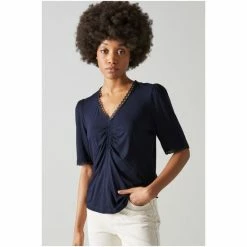 LK Bennett Sylvie Jersey Ruched-Front T-Shirt Navy Blue -LK Bennett Shop unnamed file 3126