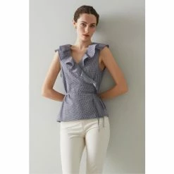 LK Bennett Blue Nimes Gingham Frill Detail Wrap Top