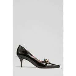LK Bennett Anna Black Patent Leather Hammered Gold Chain Courts
