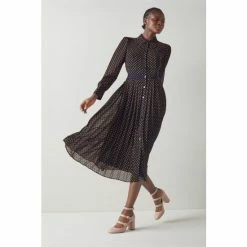 LK Bennett Tallis Navy Blue/Yellow Spot Print Pleated Shirt Dress