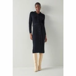 LK Bennett Navy Blue Ali Wool Cotton Ribbed Knit Dress