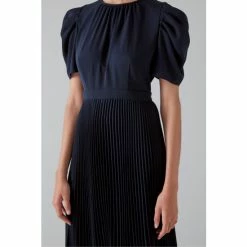 LK Bennett Blue Pleated Asymmetric Hem Summer Dress