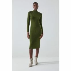 LK Bennett Green Brigitte Merino Wool Ribbed Knitted Dress