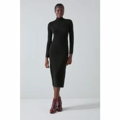 LK Bennett Brigitte Merino Wool Ribbed Knitted Black Dress
