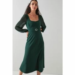 LK Bennett Green Perdy Crepe Sheer Sleeve Dress