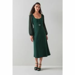 LK Bennett Green Perdy Crepe Sheer Sleeve Dress -LK Bennett Shop unnamed file 852