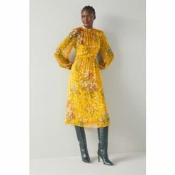 LK Bennett Yellow Leandra Camelia Print Silk Devoré Midi Dress