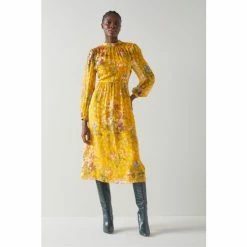 LK Bennett Yellow Leandra Camelia Print Silk Devoré Midi Dress -LK Bennett Shop unnamed file 872