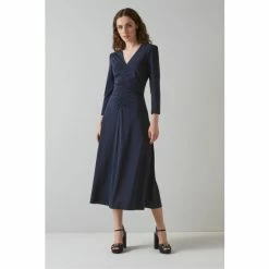 LK Bennett Lottie Blue Ruched Front Midi Dress