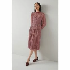 LK Bennett Red Marianne Houndstooth Print Georgette Pleated Midi Dress