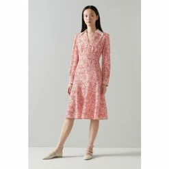 LK Bennett Red Flo Marguerite Print Contrast Collar Silk Dress